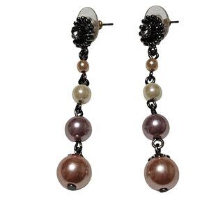 Elegant Retro Dangle Earrings Black Crystal Floral Faux Pearl 50s 60s Fashion